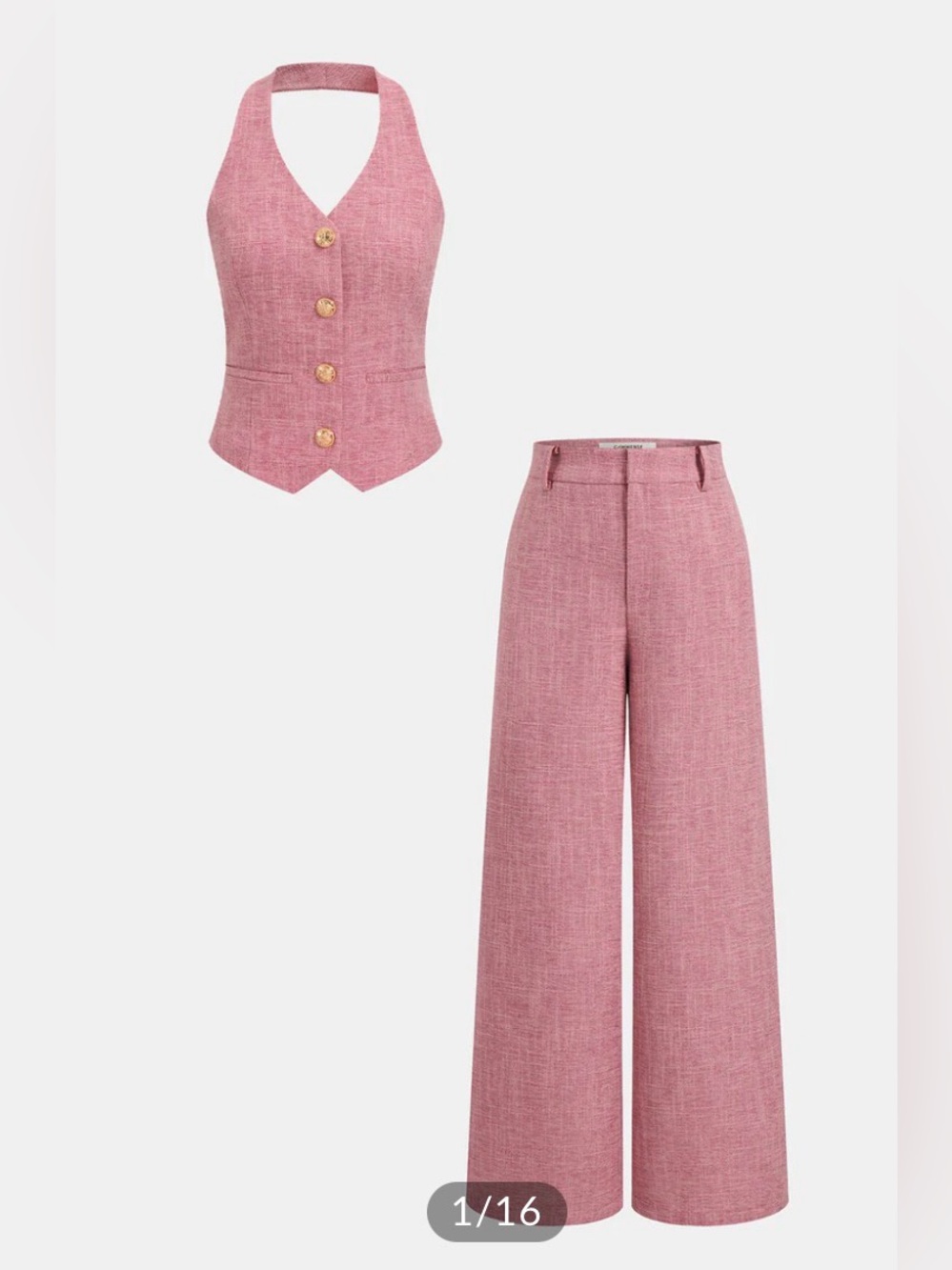 Commense Pink Tweed Halter Vest with Wide-Leg Pants